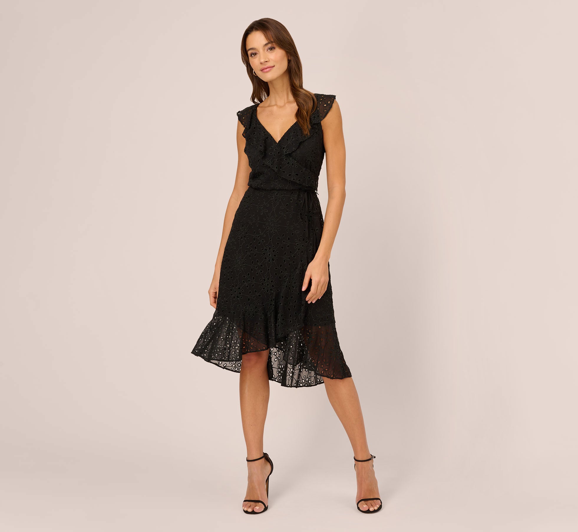 Eyelet Faux Wrap Midi Dress With Ruffle Details In Black、mySite、solidvoid