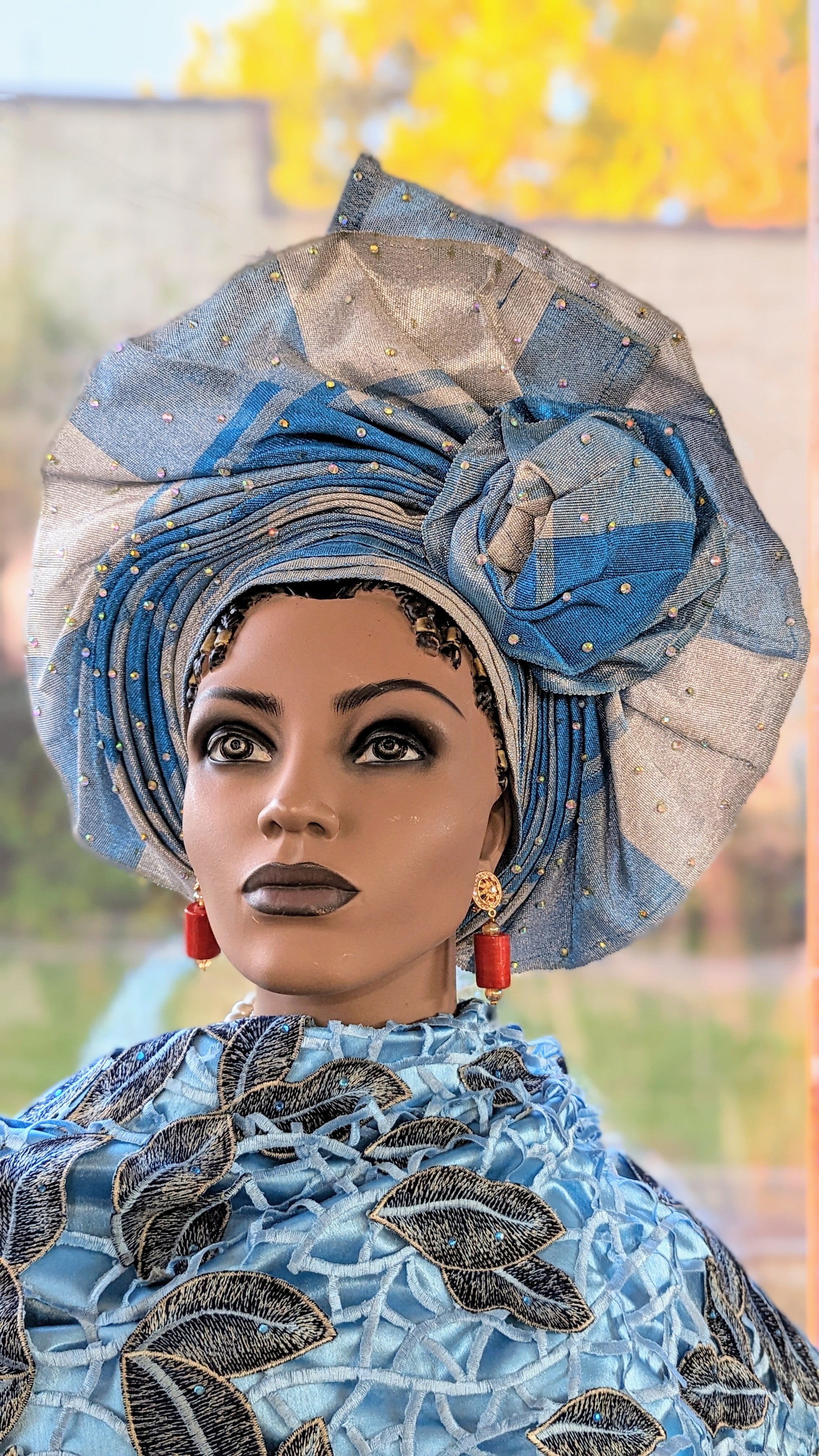 Dupsie's African Fashion's Turquoise-Blue African Aso Oke Head Tie Autogele pre-tied head wrap hat-DPATBSBL22、mySite、solidvoid