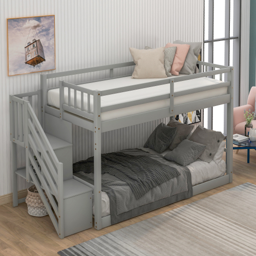 Twin over Twin Floor Bunk Bed, Ladder with Storage, Gray、、casual