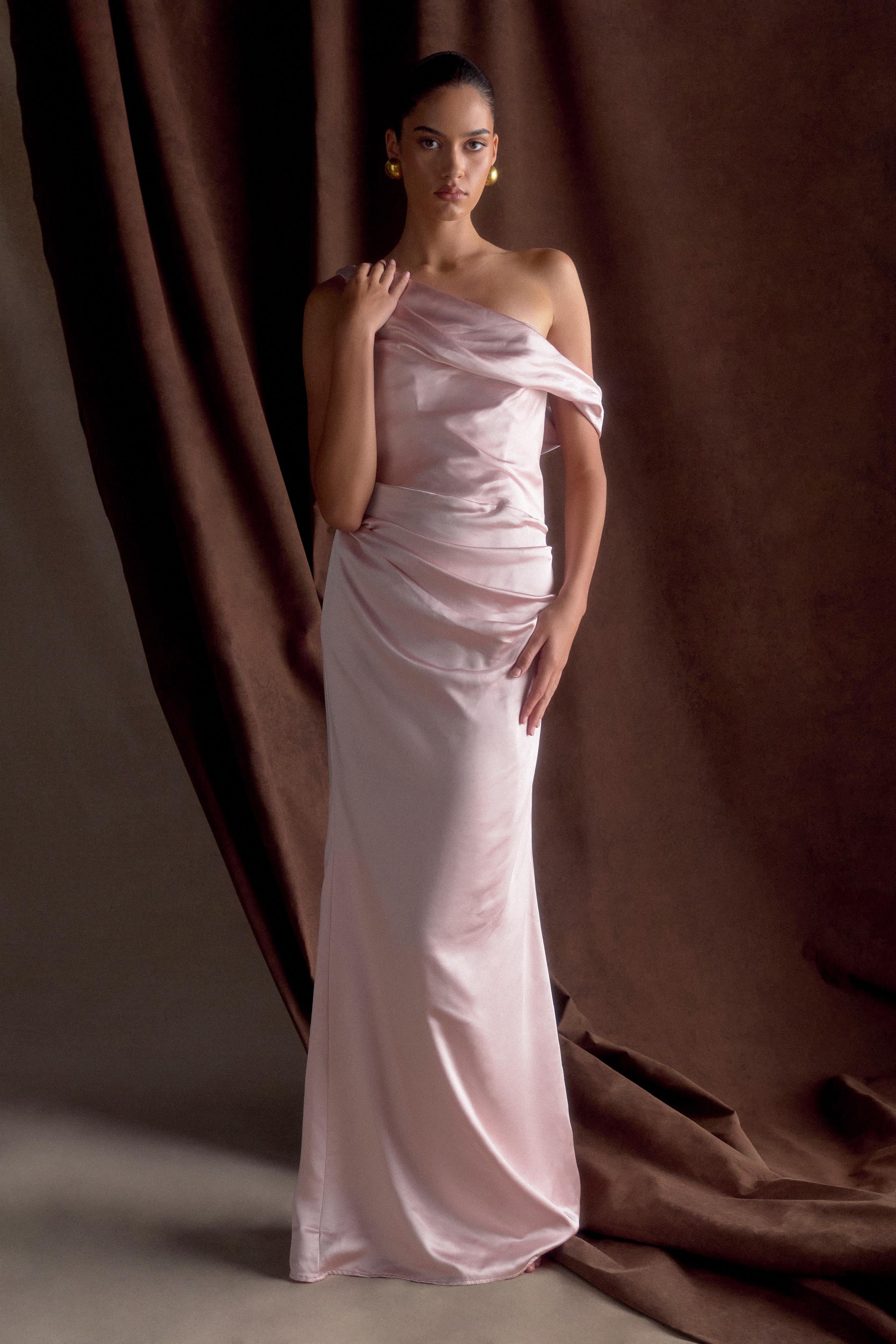 Dalia Off Shoulder Satin Maxi Dress - Soft Pink、mySite、solidvoid