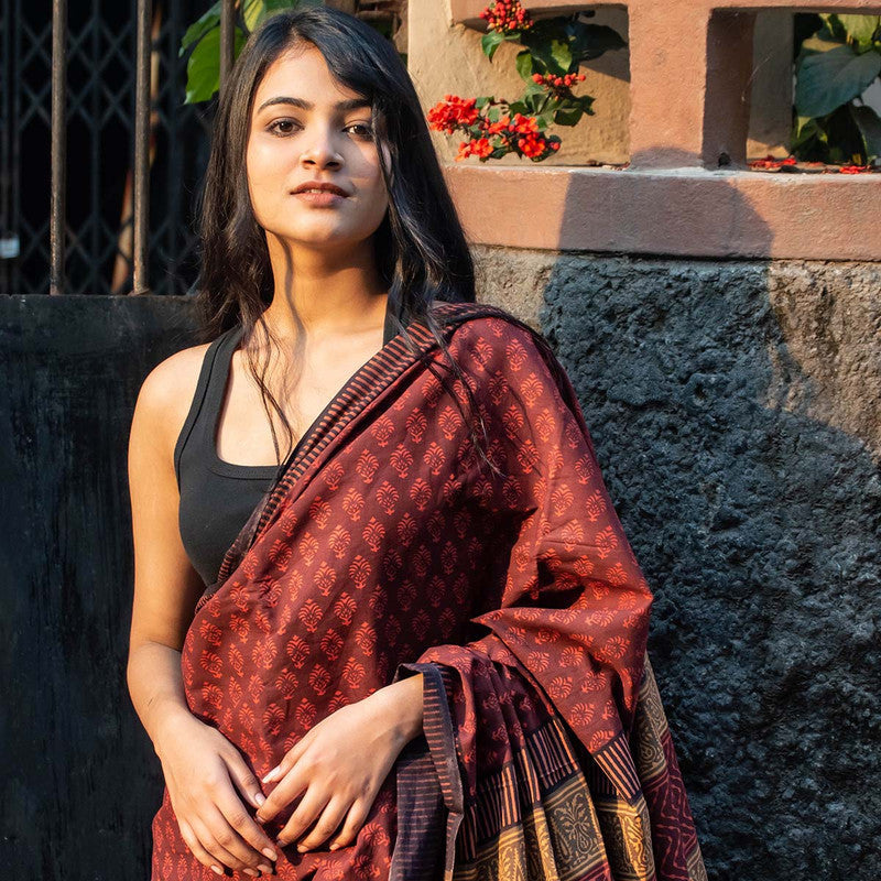 Festive Wear | Bagru Printed Chanderi Maroon Saree、mySite、camillekostekn