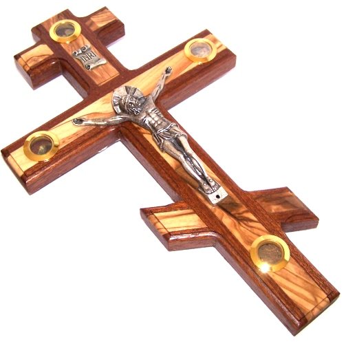Patriarchal Three bar Crucifix with Holy Land Samples. Made frm Mahagony and Embedded with Olive Wood (25cm or 10 inch)、mySite、topwebapps
