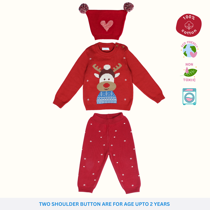 Cotton Reindeer Jacquard Sweater, Lower & Cap Set | Cherry Red | Set of 3、mySite、camillekostekn