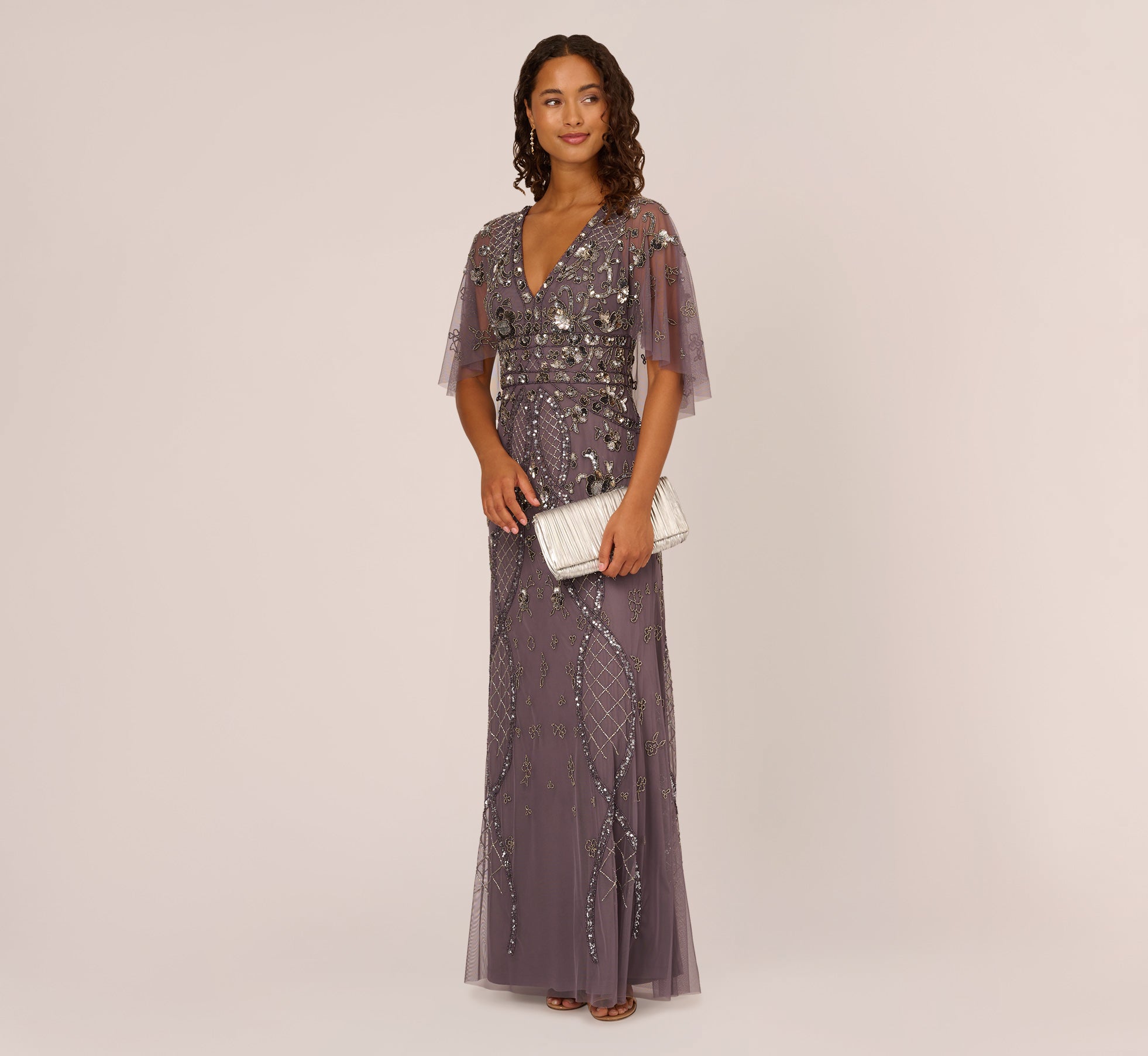Sequin Beaded Gown With Sheer Cape Sleeves In Moonscape、mySite、solidvoid