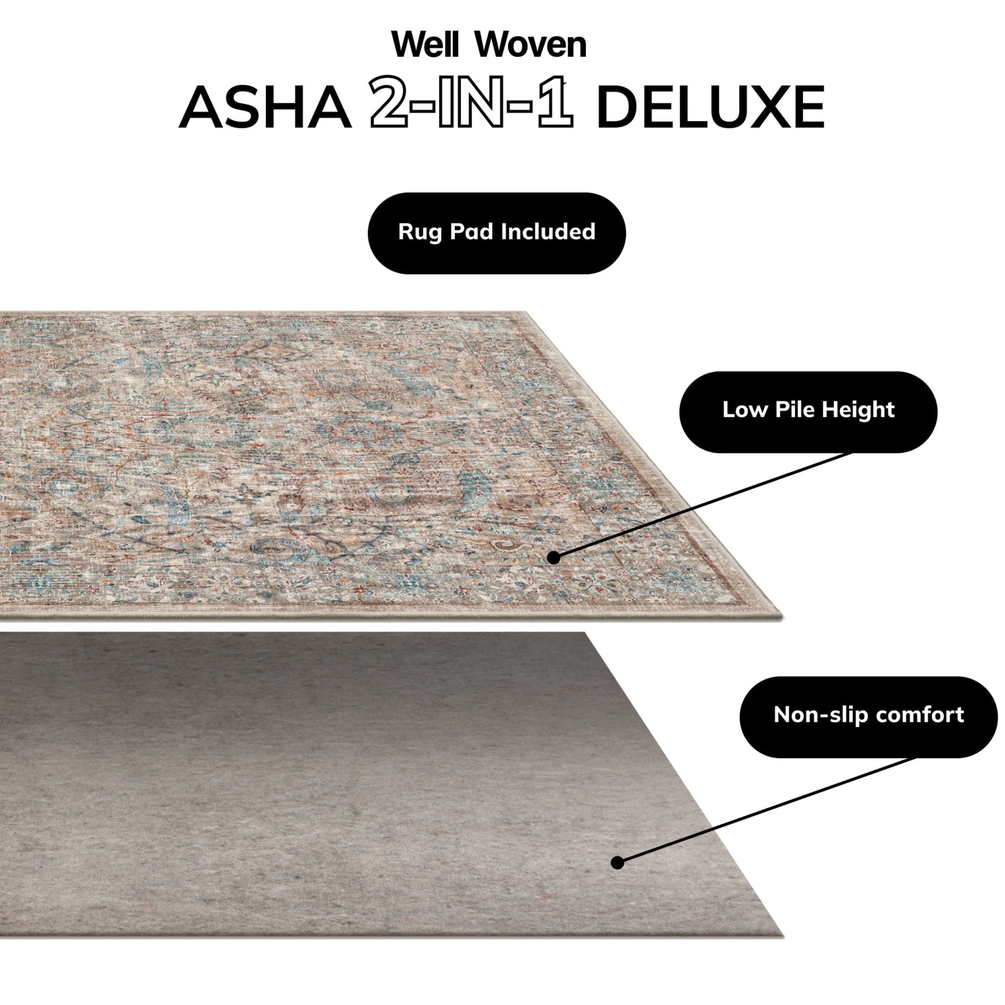 Asha 2-in-1 Odette Vintage Flat-Weave Rug + Rug Pad Included、mySite、gigharbornorthrealestate