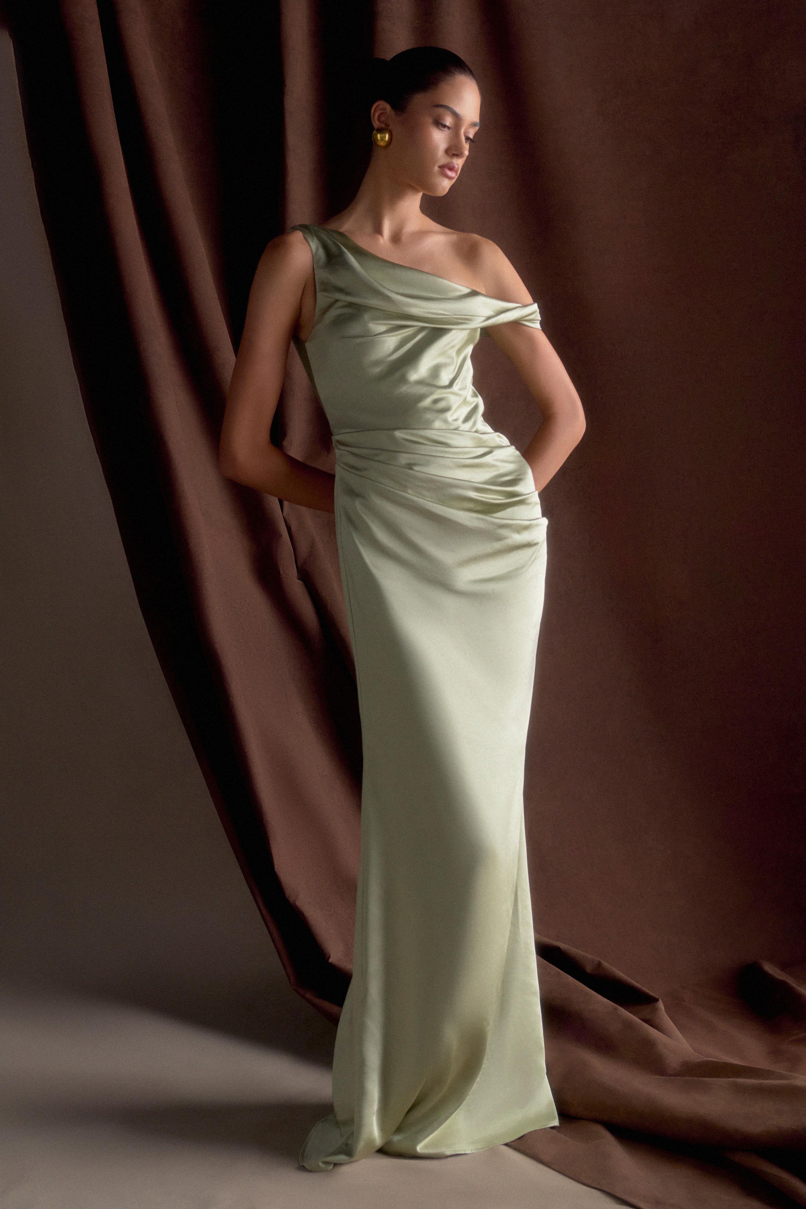 Dalia Off Shoulder Satin Maxi Dress - Sage、mySite、solidvoid