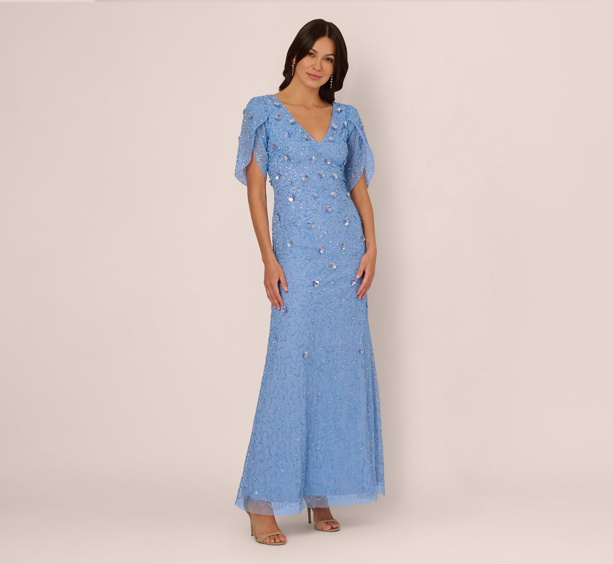 Tulip Sleeve 3D Floral Beaded Mermaid Dress In Bluebell、mySite、solidvoid