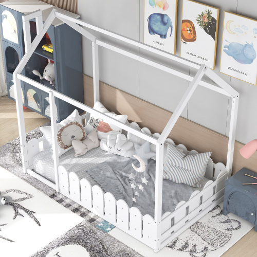 {Slats are not included}Twin Size Wood Bed House Bed Frame with Fence,for Kids,Teens, Girls,Boys {White}{OLD SKU:WF194274AAK}、、casual