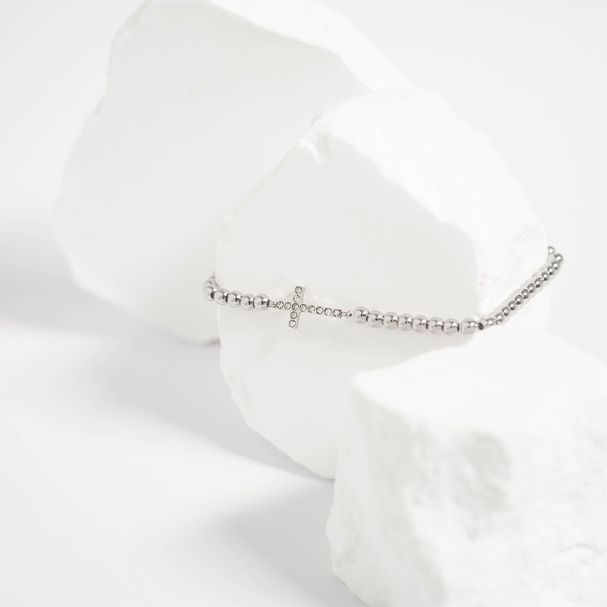 18K Gold PVD Stainless Steel Stone Cross Metal Beaded Stretch Bracelet / BRJ1019、mySite、dreamappss