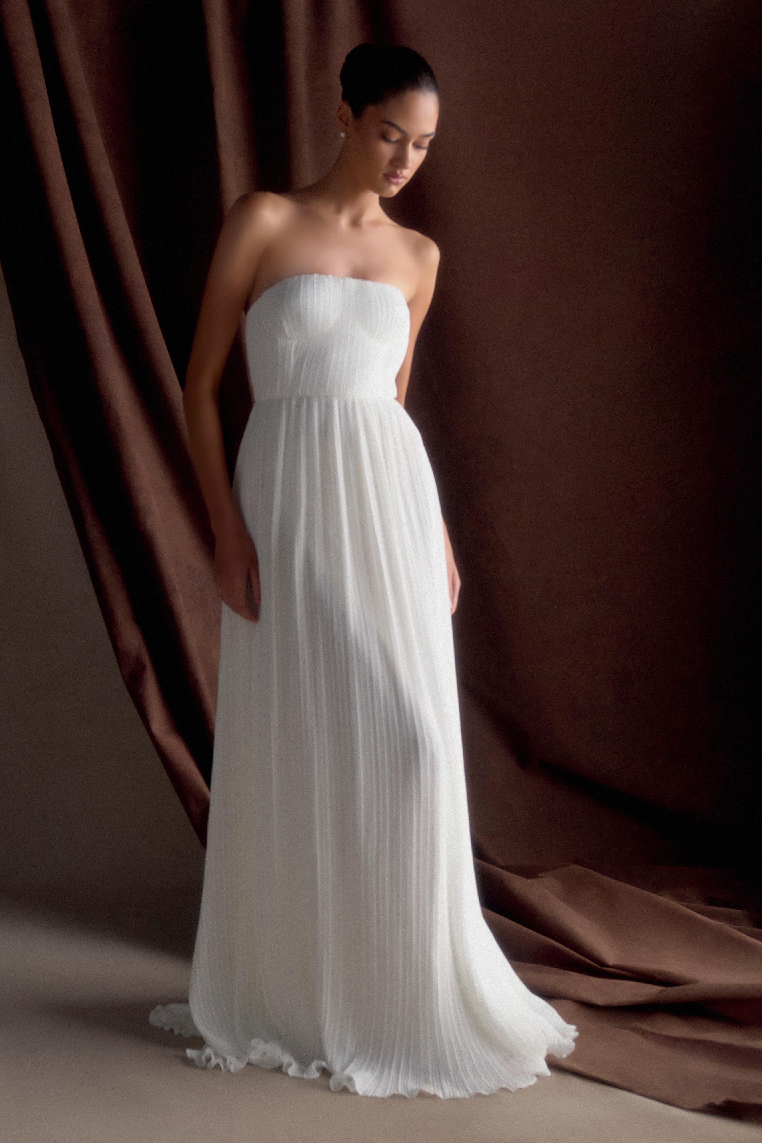 Juno Strapless Pleated Maxi Gown - White、mySite、solidvoid