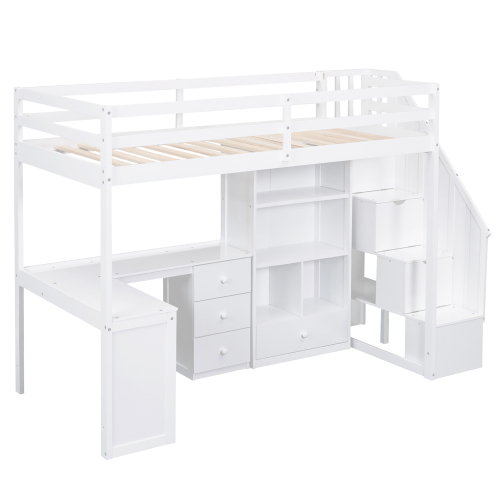 Twin Size Loft Bed with L-Shaped Desk and Drawers, Cabinet and Storage Staircase, White、、casual