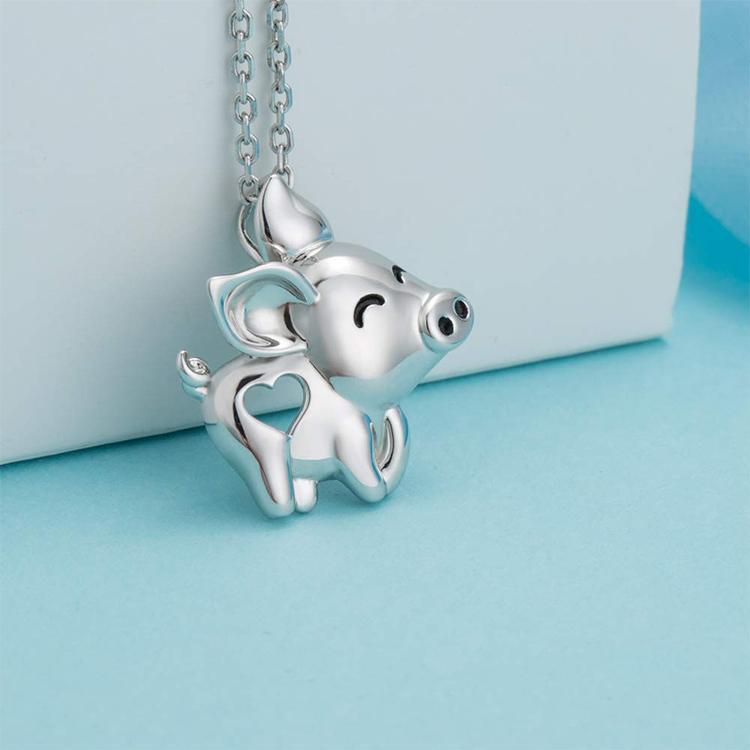 Pig Necklace with Cut Out Heart Rose, Yellow or White Gold Plated Sterling Silver、mySite、g9winljtr
