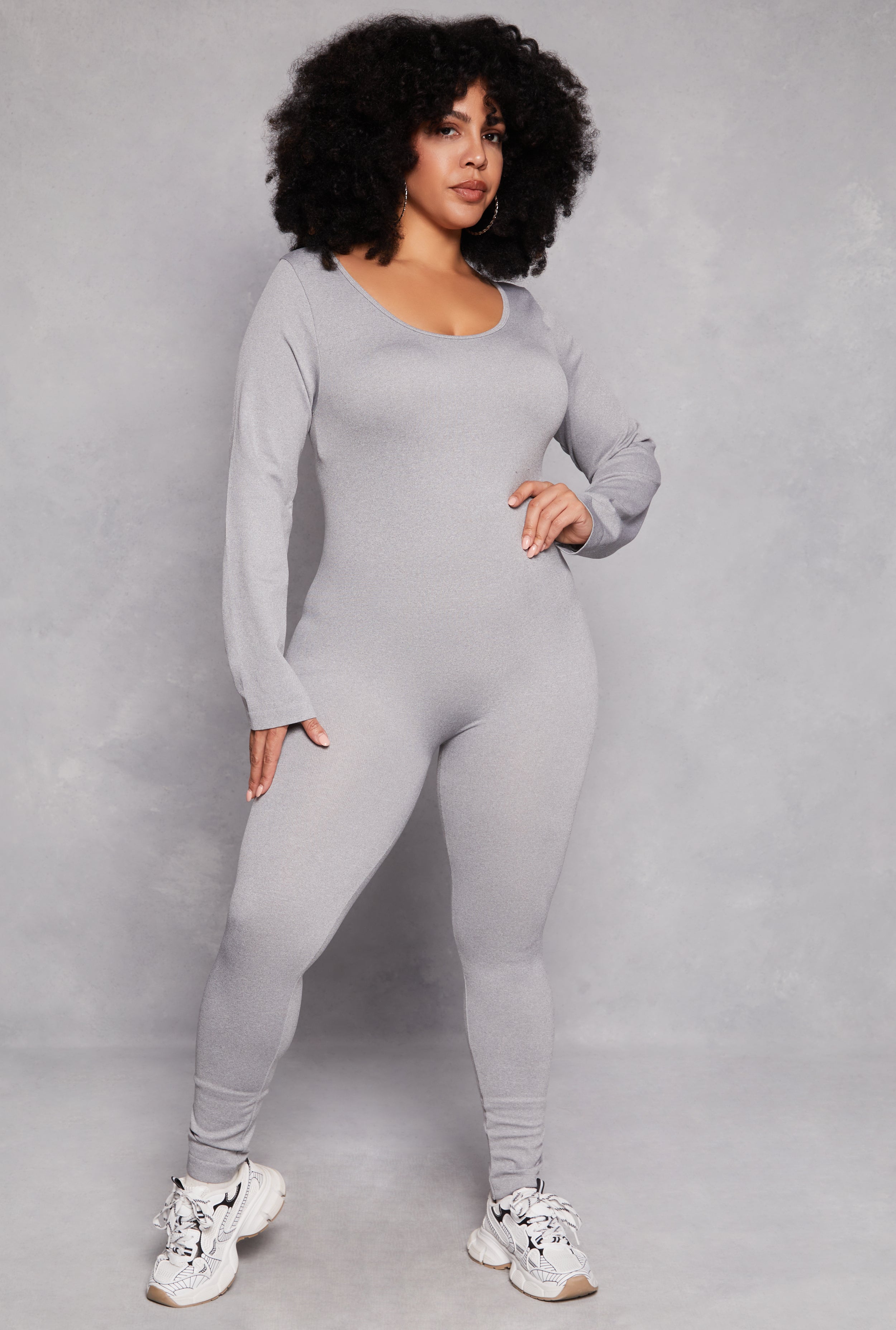 Plus Size Ribbed Knit Long Sleeve Catsuit、mySite、camillekostekn