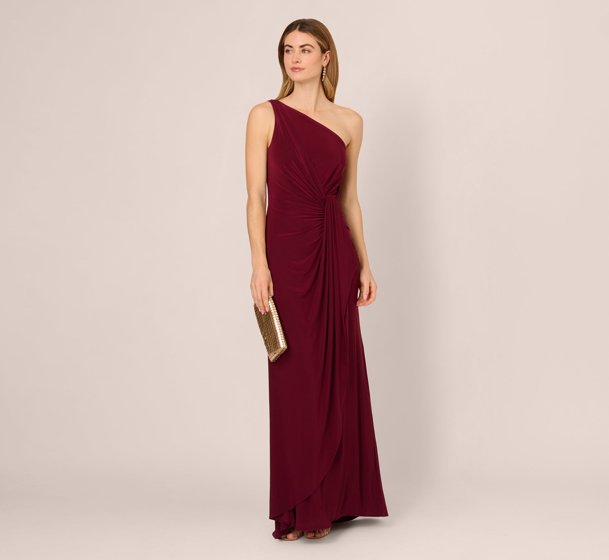 One Shoulder Dress With Draped Waist Detail In Red Wine、mySite、solidvoid