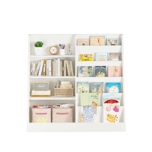 Kids Bookcase and Bookshelf, Multifunctional Bookcase with 3 Collapsible Fabric Drawers, Bookcase Display Stand, Toy Storage Organizer for Bedroom, Playroom, Hallway (White/Gray)、、casual