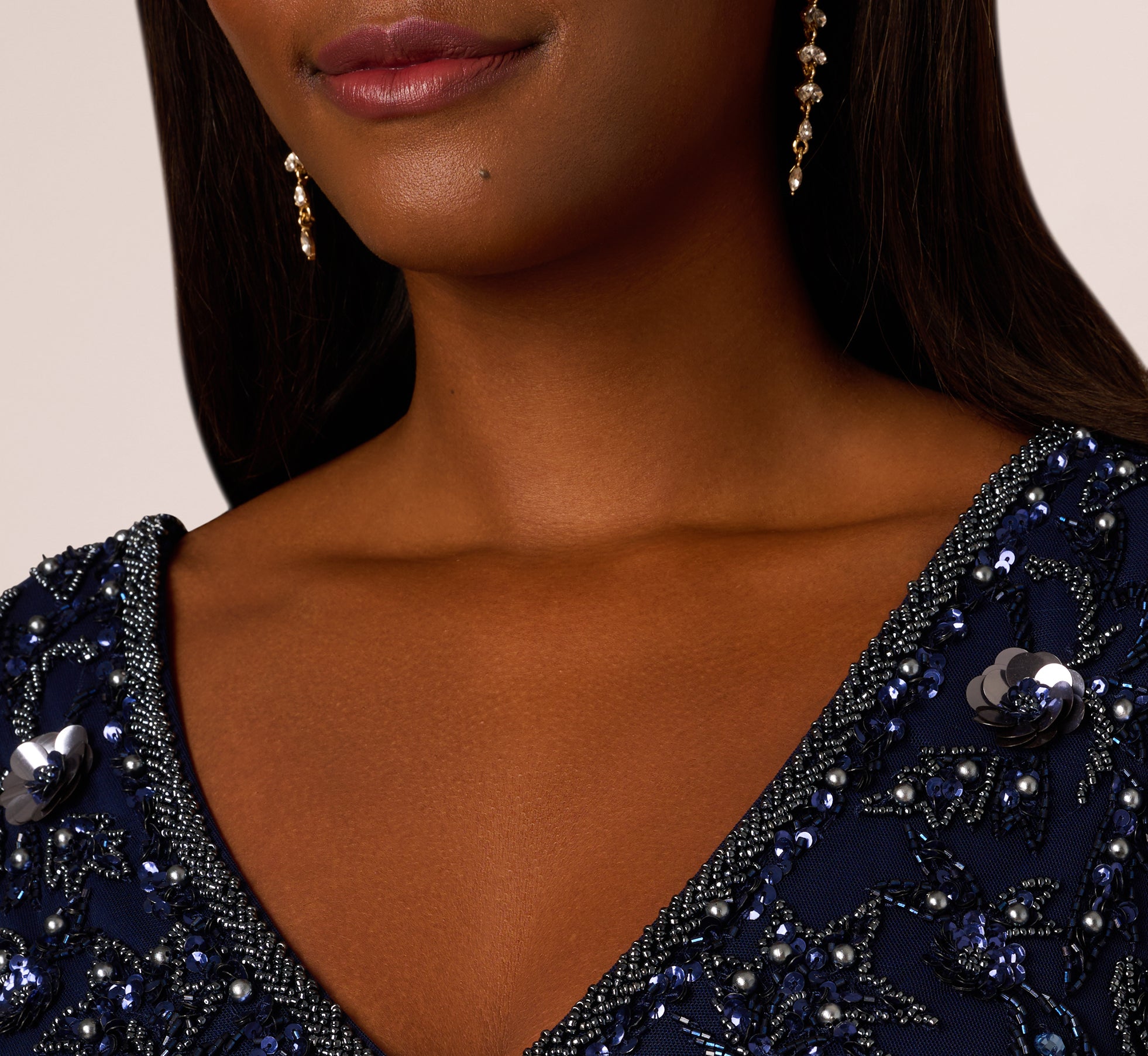 Beaded Mermaid Gown With Sheer Petal Sleeves In Light Navy、mySite、solidvoid