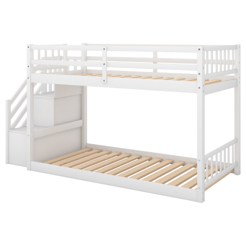 Twin over Twin Floor Bunk Bed, Ladder with Storage, Gray、、casual