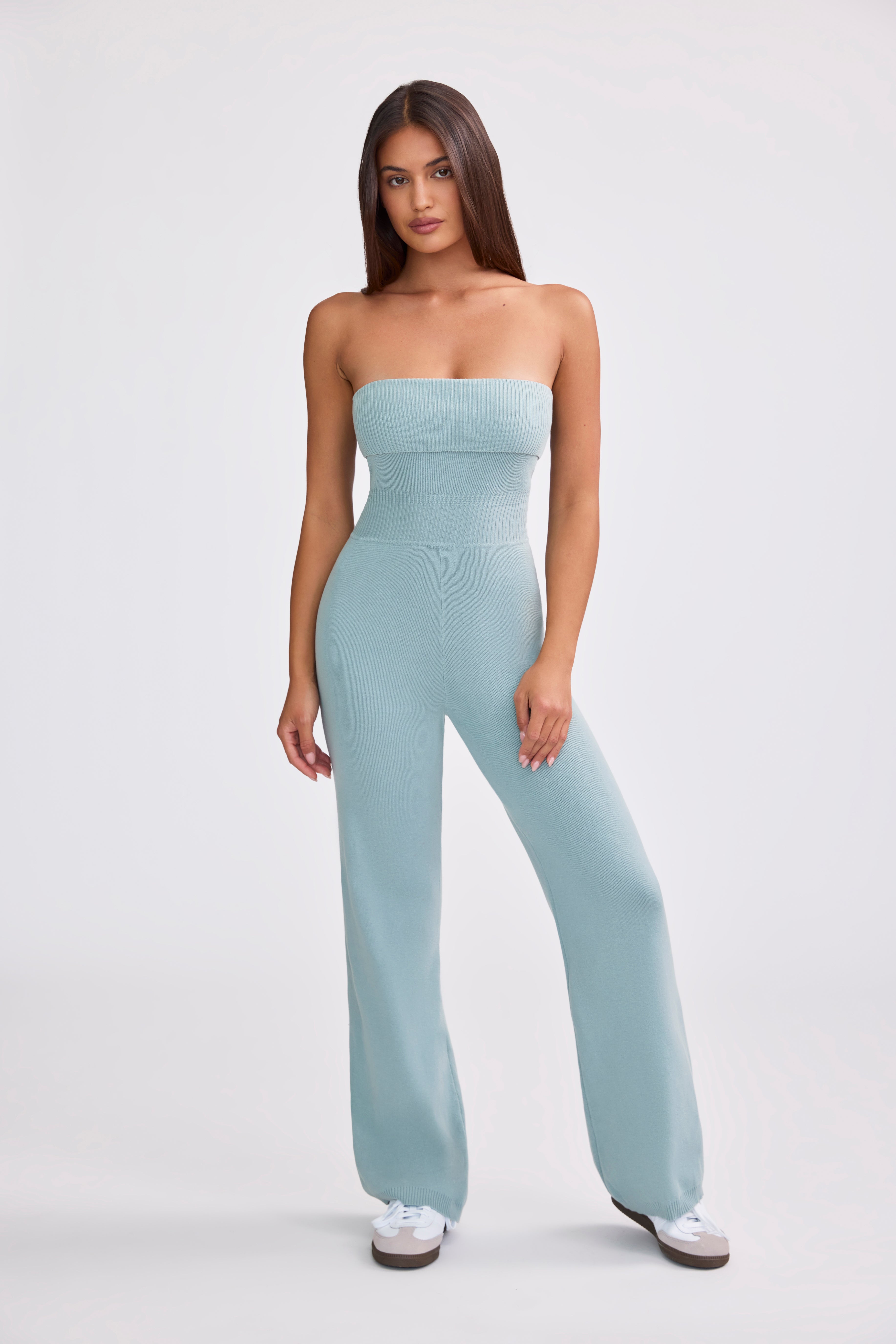 Bandeau Kick Flare Chunky Knit Jumpsuit in Dusty Teal、mySite、solidvoid