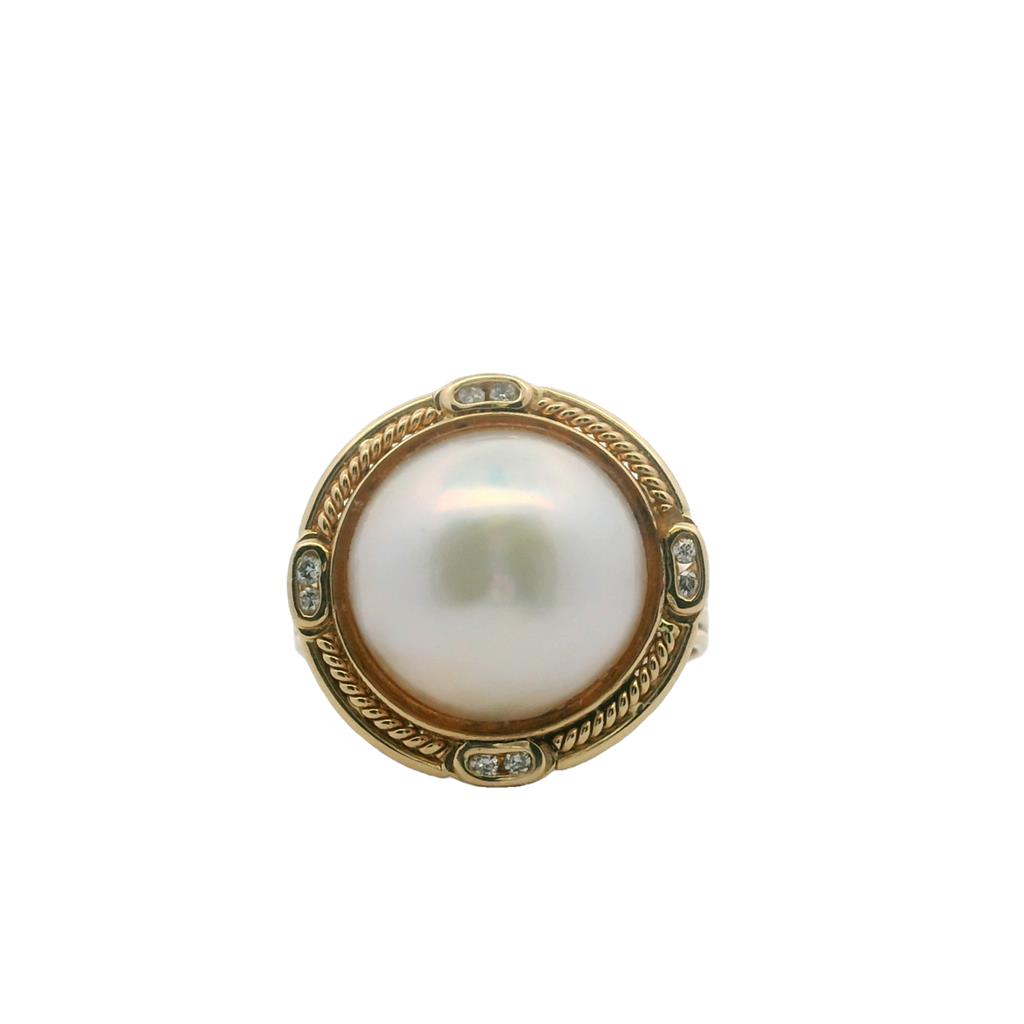  Estate 14K Yellow Gold 16mm Mabe Pearl & Diamond Ring