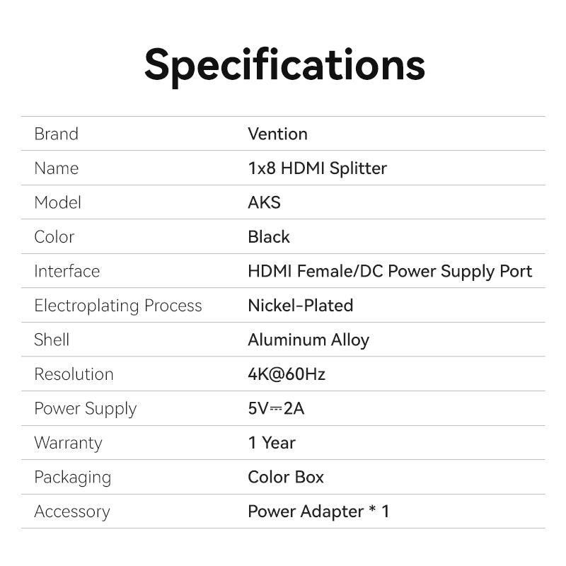 Vention 1-In & 8-Out HDMI Splitter 4K@60Hz Black Aluminum Alloy Type EU Standard、mySite、fannypackpong