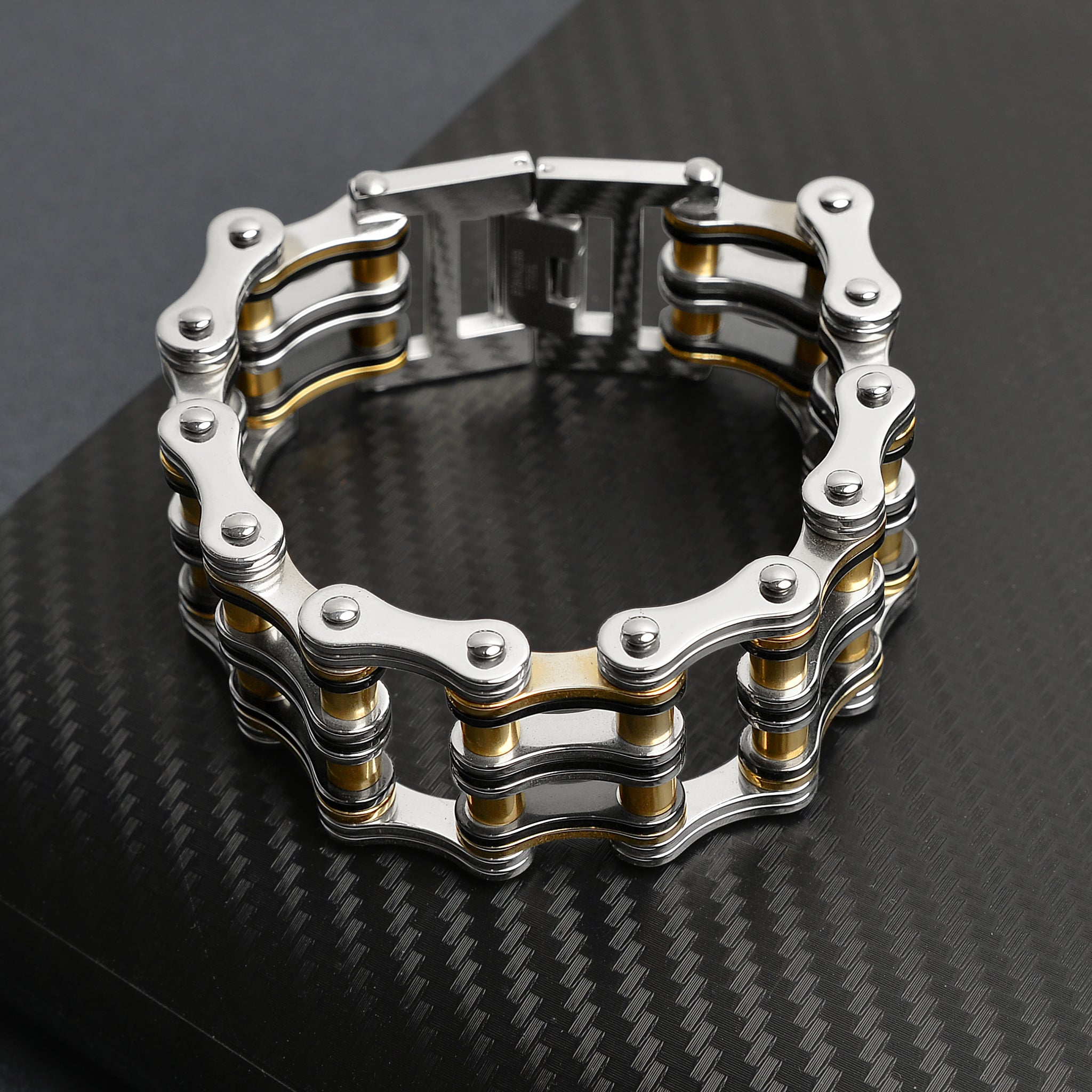 Stainless Steel Black And 18K Gold PVD Coated Double Bike Chain Bracelet / WCB1007、mySite、dreamappss