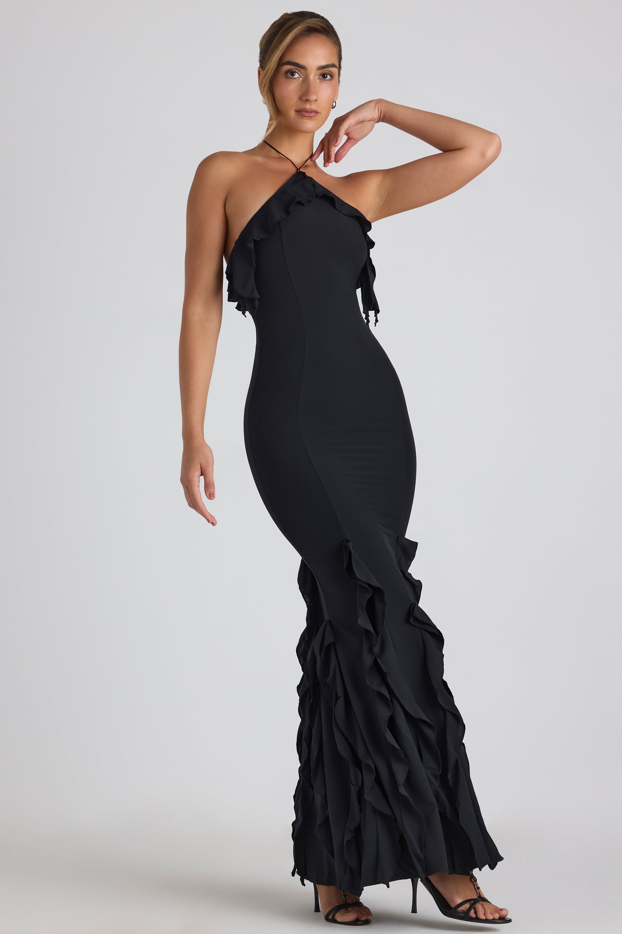 Ruffle-Trim Halterneck Gown in Black、mySite、solidvoid