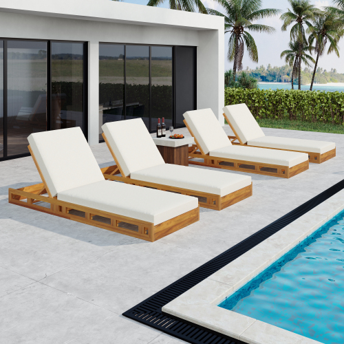 LOUNGE CHAISE SET, ACACIA WOOD WITH WATER-RESISTANT LOUNGE CUSHIONS (CREAM & 4 INCH THICK) - MATCHING DARK GREY VERSION AVAILABLE、、eastwooduniform