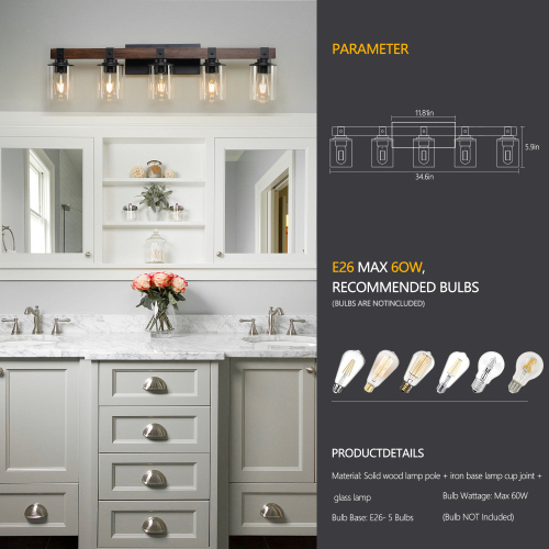 50" Rustic 7-Light Vanity Light, Industrial Bathroom Wall Sconce with Glass Shades and Wood Accent, Modern Farmhouse Lighting Fixture (No Bulbs)、、eastwooduniform