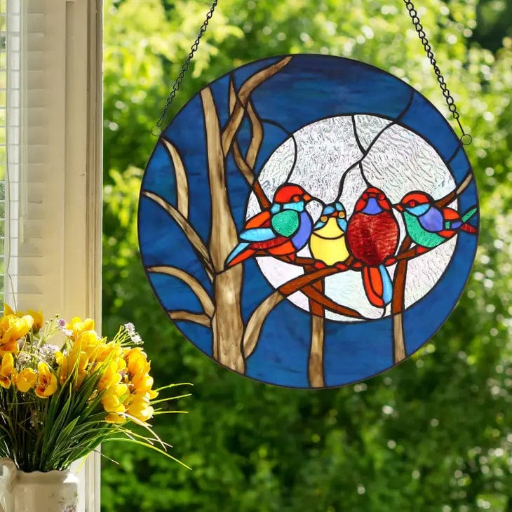 NEW Blue Birds in a Night Sky Stained Glass Window Panel、mySite、g9winljtr
