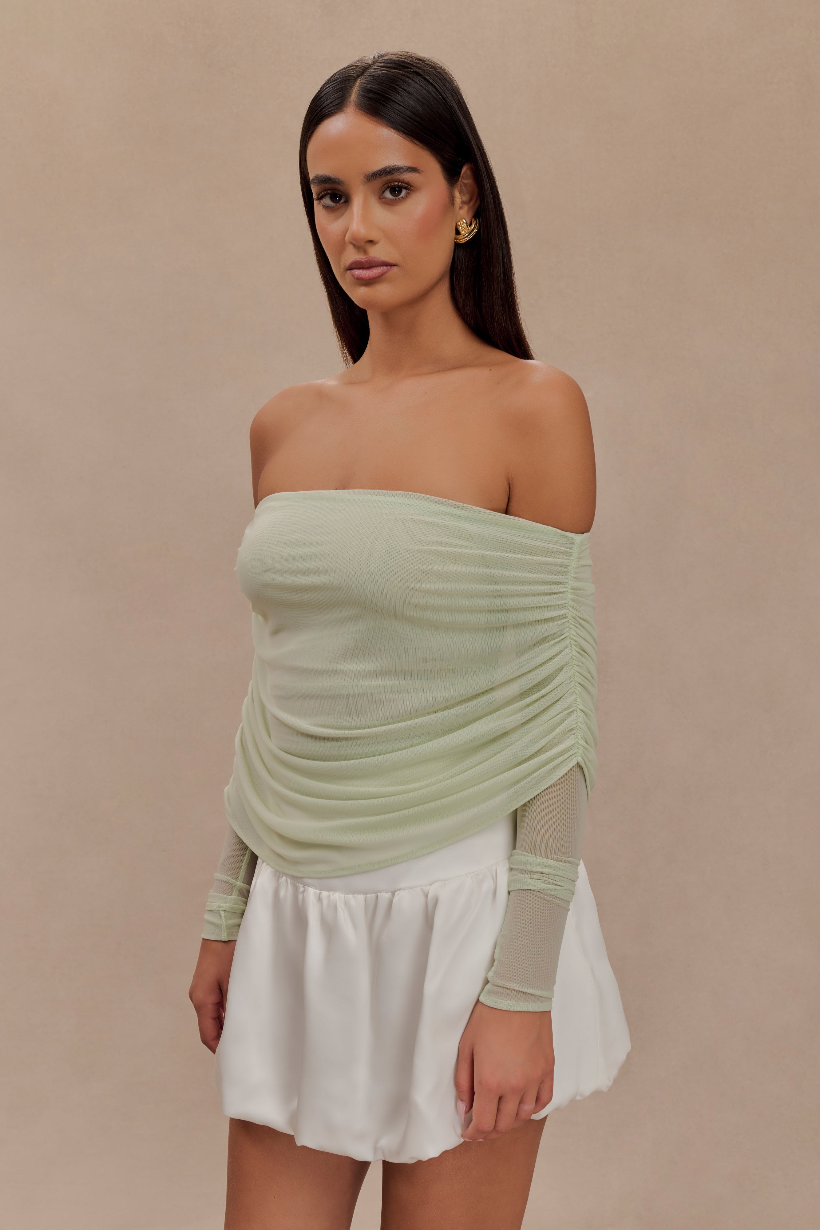 Everly Sheer Mesh Off Shoulder Top - Pastel Green、mySite、solidvoid