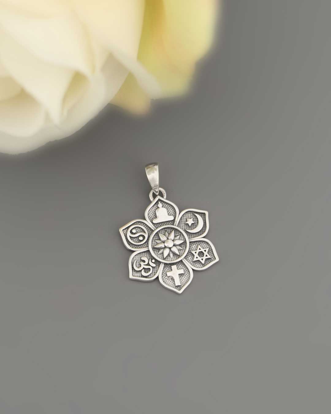 Sterling Silver Coexist Harmony Pendant – Lotus Design with Spiritual Symbols of Unity、mySite、topwebapps