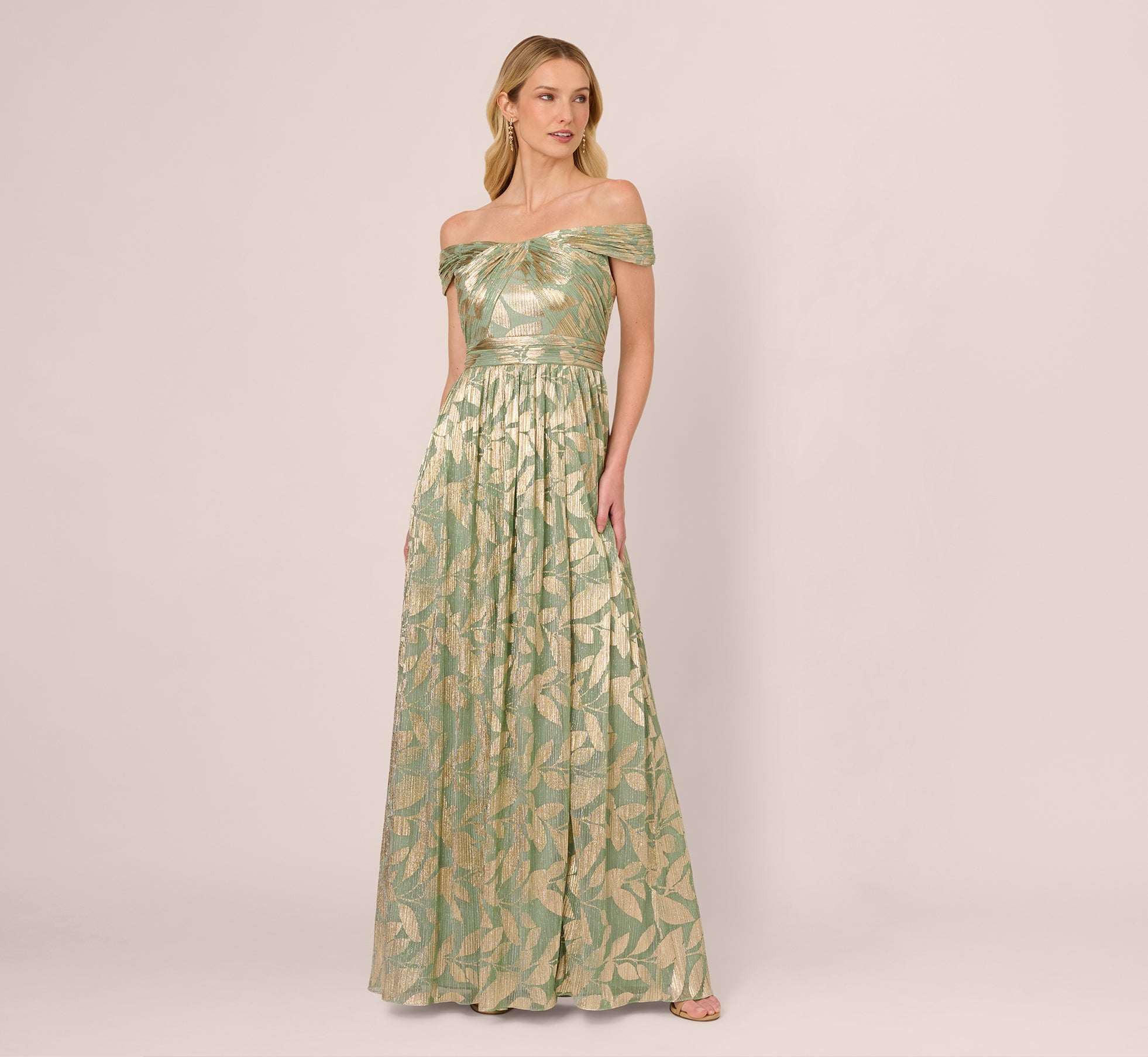 Off Shoulder Foil Leaf Crinkle Gown In Sage Gold、mySite、solidvoid