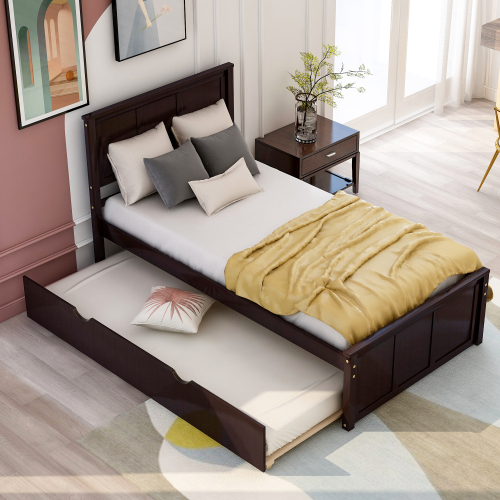 Platform Bed with Twin Size Trundle, Twin Size Frame, Espresso、、casual