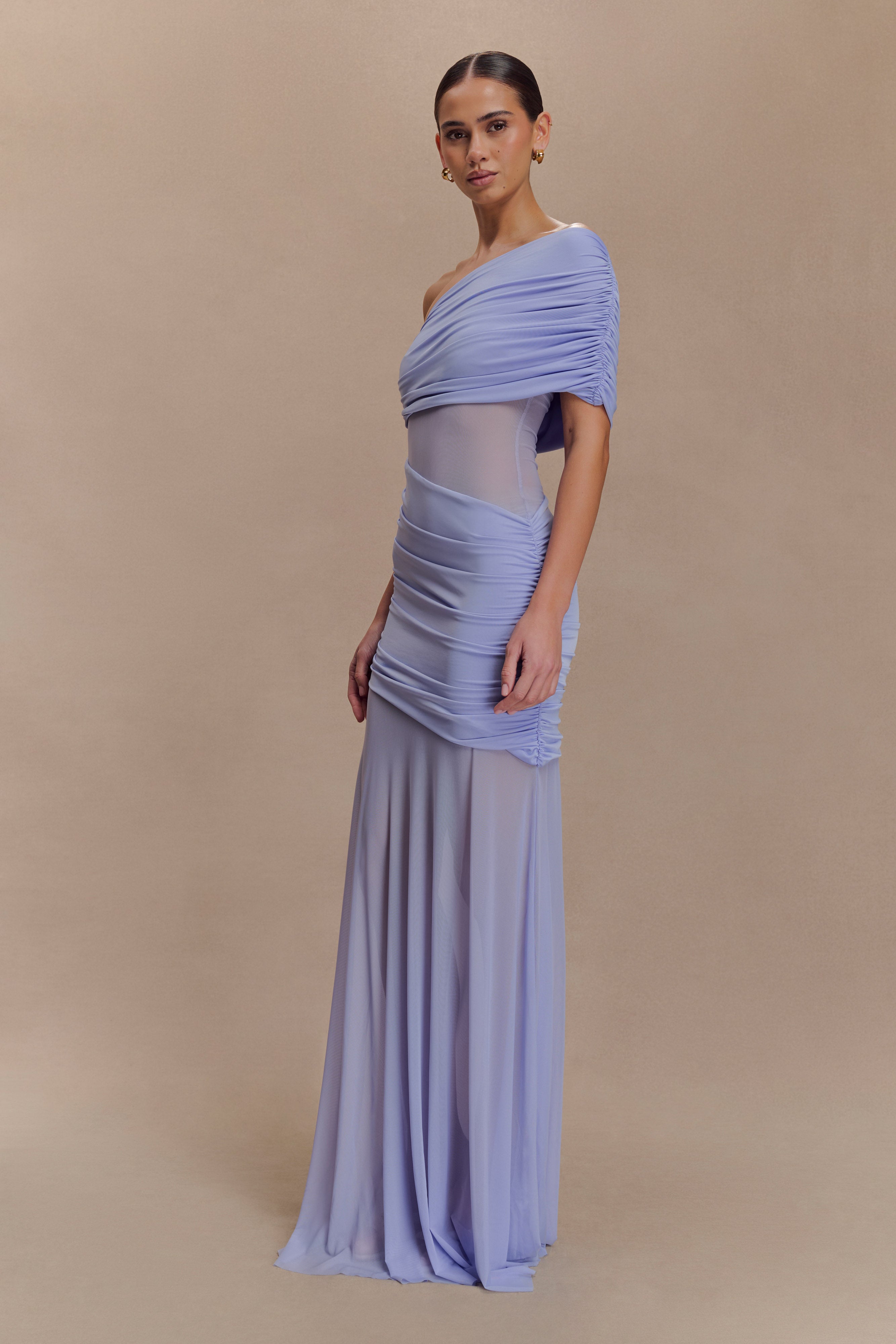 Dallas One Shoulder Mesh Maxi Dress - Lavender、mySite、solidvoid