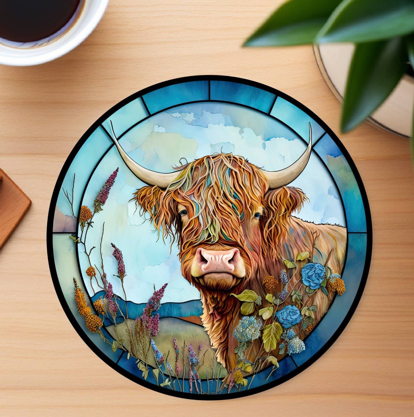 Colorful Highland Cow Ceramic Coaster with Stained Glass Motif Handmade in the USA、mySite、g9winljtr