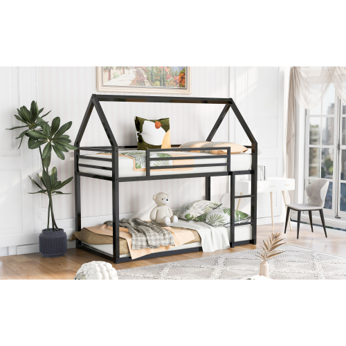Twin over Twin House Bunk Bed with Ladder and Slide,White、、casual