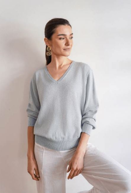 Debbie Katz Wander Cotton/Cashmere/Lurex V-Neck Sweater, Sky Blue、mySite、noshort