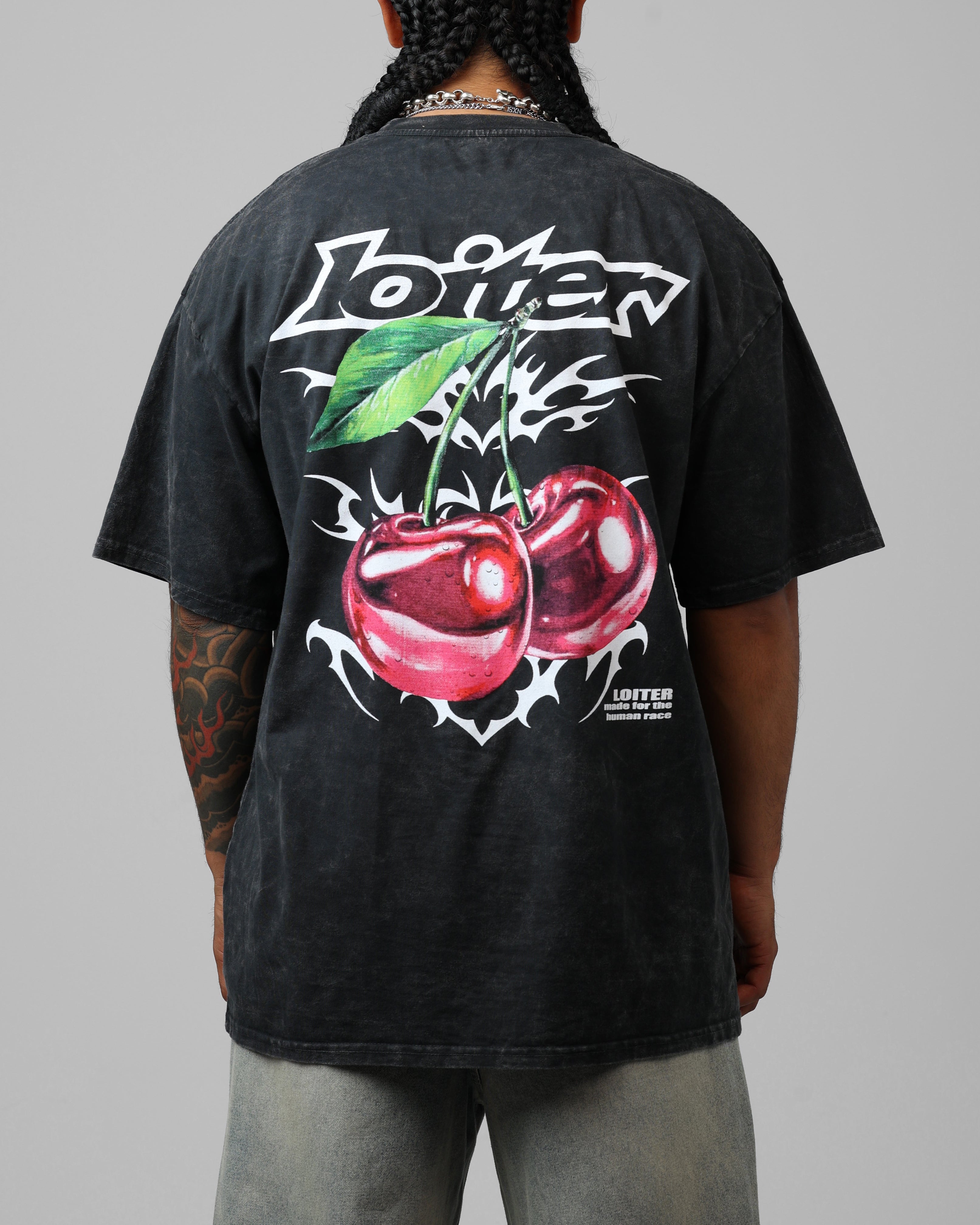 Loiter Cherry Pick Drop T-Shirt Black Acidwash、mySite、zt4zffjzw