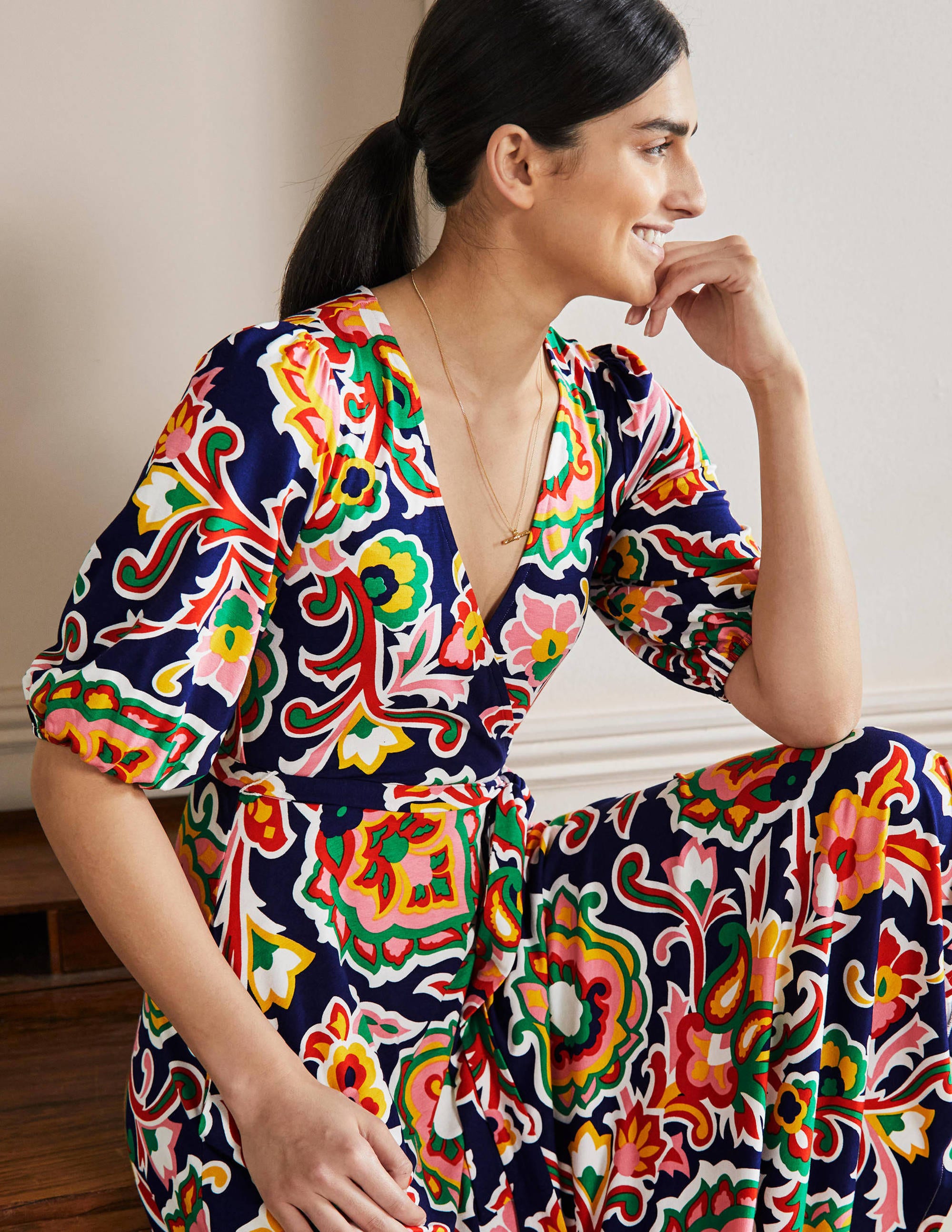  Fixed Wrap Jersey Maxi Dress-Midnight Ocean, Blooms、mySite、ashleygrahame