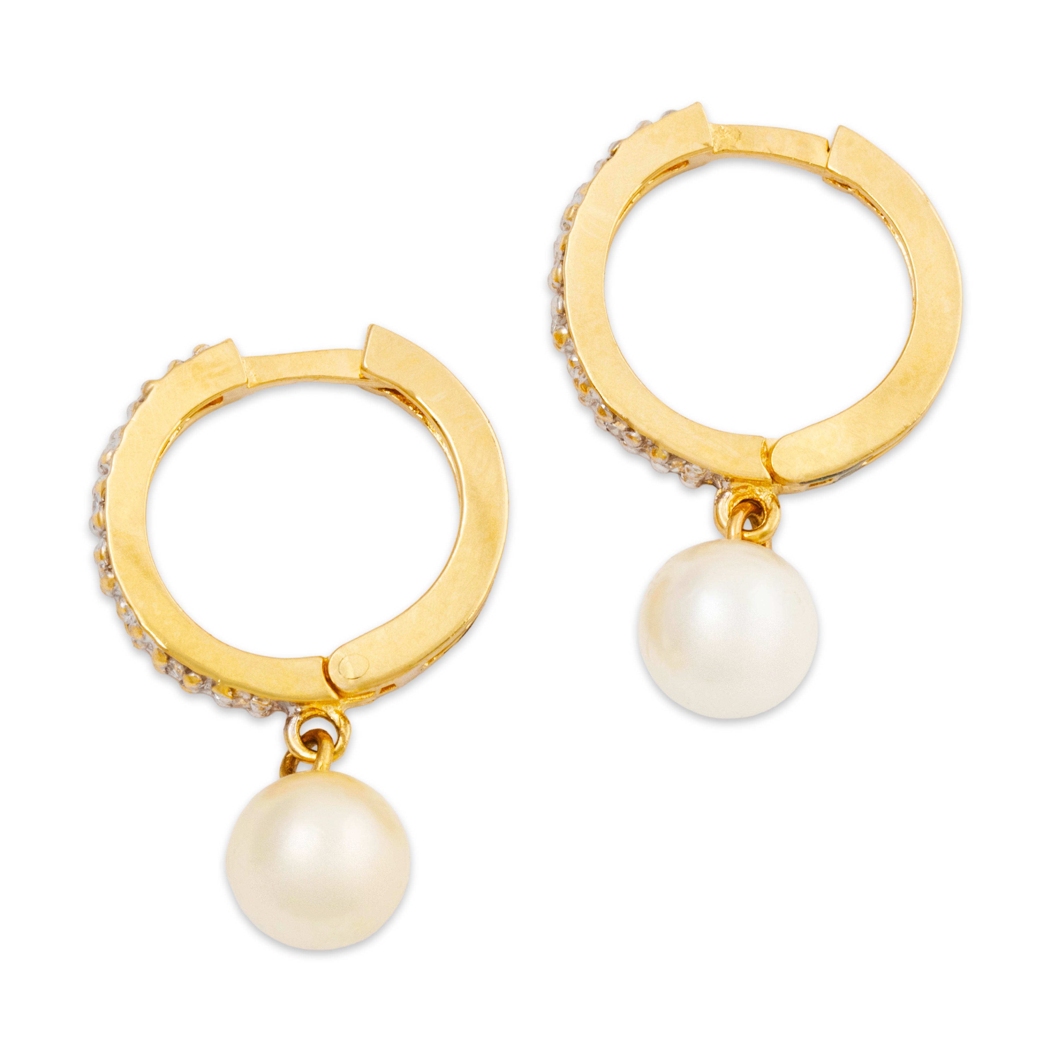 Vintage 14k Yellow Gold Diamond Pearl Lustrous Dangle Huggie Earrings、mySite、hinf8tx79