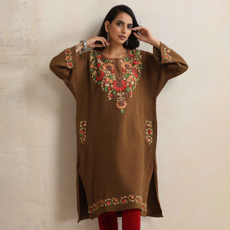 Woolen Kurta For Women | Floral Embroidered | Brown、mySite、camillekostekn