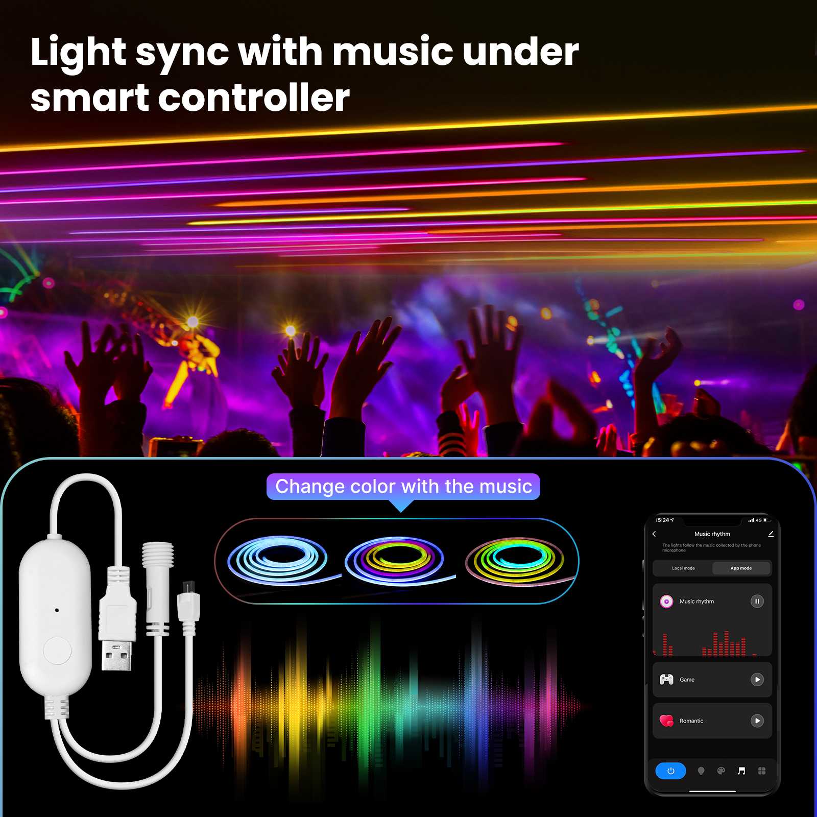 WIFI+Bluetooth Neon Music LED Smart Light with Remote Control 16 Million Colors、mySite、fannypackpong