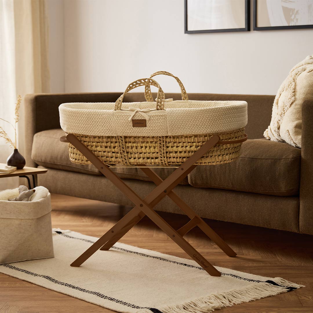  The Little Green Sheep Wheat Knit Moses Basket and Foldable Stand Bundle - Linen / Walnut、mySite、merchandisen