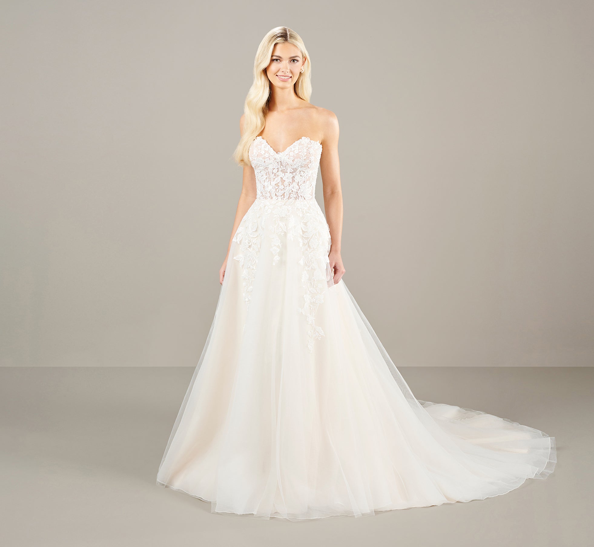 Strapless Lace Applique A Line With Detachable Sleeve Gown In Ivory Almond、mySite、solidvoid