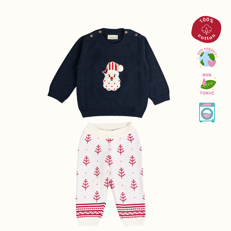 Cotton Sweater & Lower Set | Secret Santa Printed | Navy Blue & Pink | Set of 2、mySite、camillekostekn