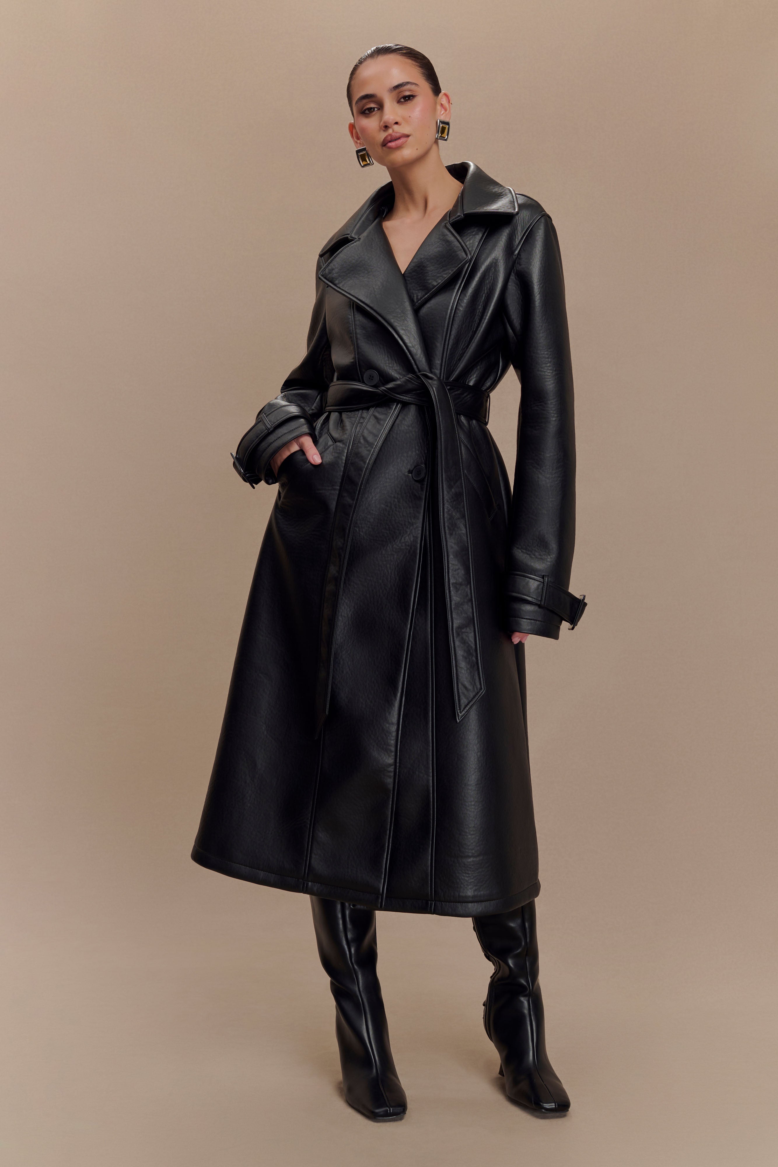 Tarah Faux Leather Trench Coat - Black、mySite、solidvoid