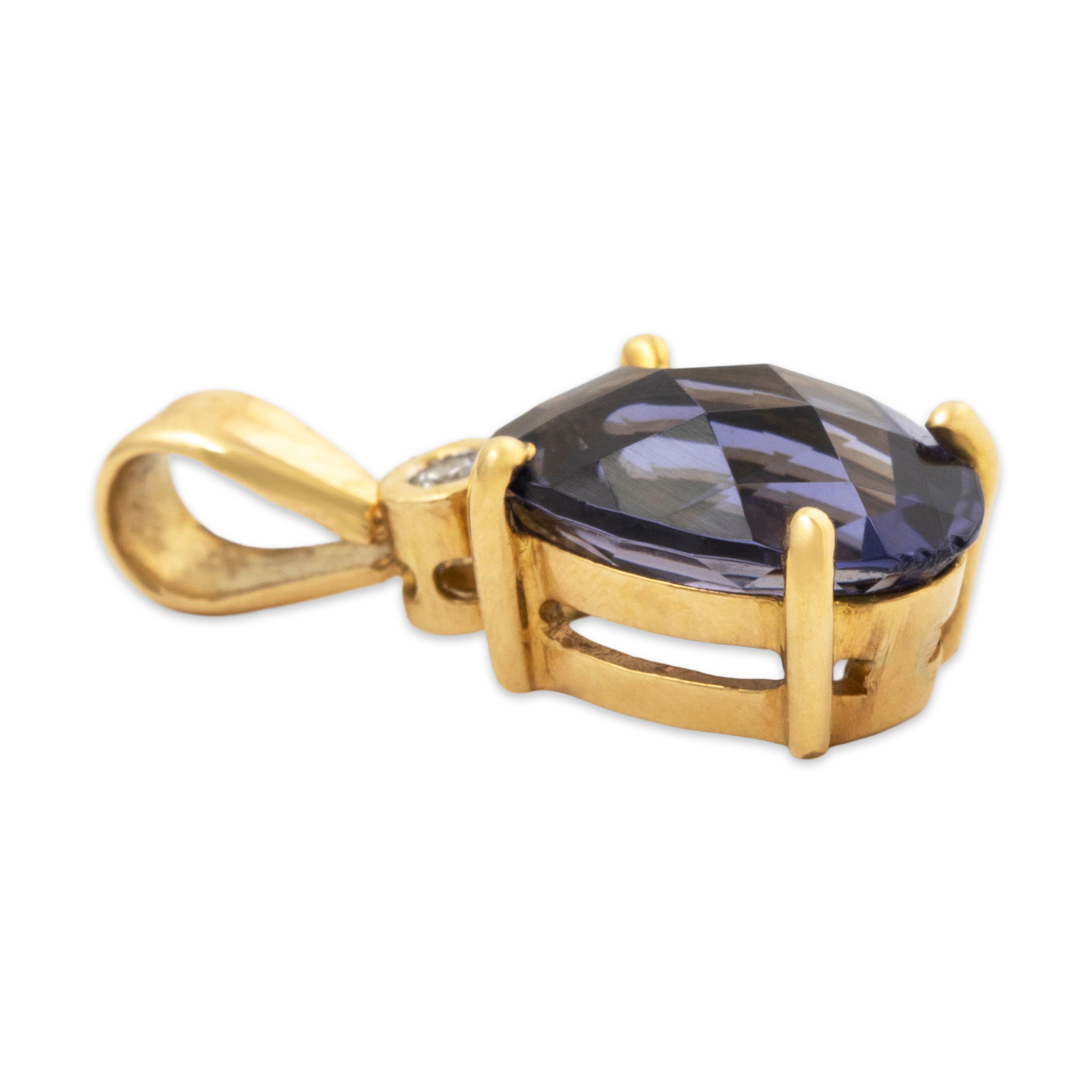 Vintage 18k Yellow Gold 1.7ct Iolite Diamond Chic Checkerboard Pendant、mySite、hinf8tx79