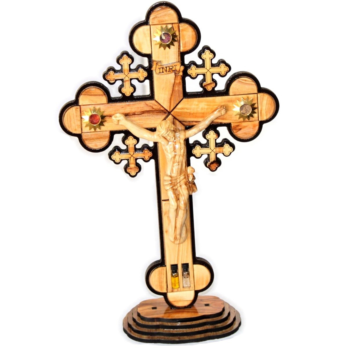 Layered Olive Wood Cross Carved by Laser with Holy Land Samples - Standing or Hanging (14 inches or 35 cm) Large/Certificate、mySite、topwebapps