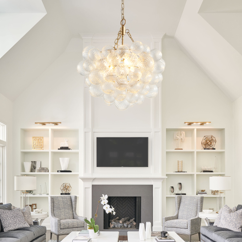 23.6-Inch Gold Pendant Light Chandelier with Threaded Clear Glass Globe Shade – Adjustable Height, Ideal for Living Room, Dining Room, Kitchen (No Bulbs)、、eastwooduniform