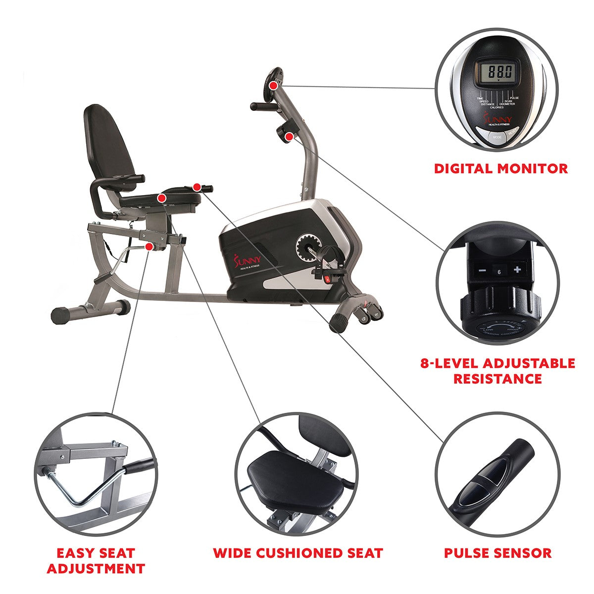  Magnetic Recumbent Exercise Bike, 300 lb Capacity & Adjustable Seat、mySite、ghnorth